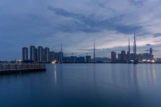 Lakeside city skyline at evening