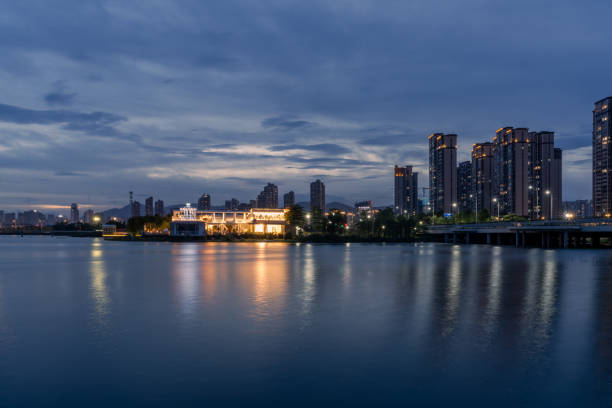 Lakeside city skyline at evening
