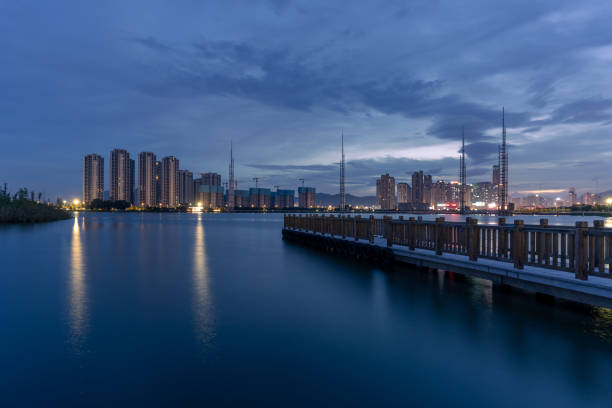 Lakeside city skyline at evening