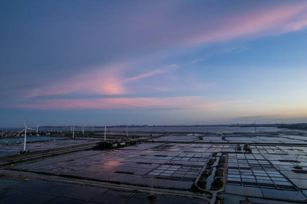 istock Aerial view of the sunset and salt fields at dusk 2190662580