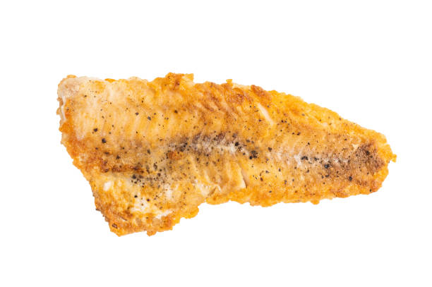 Fried pollock white fish fillet isolated on white background. top view.