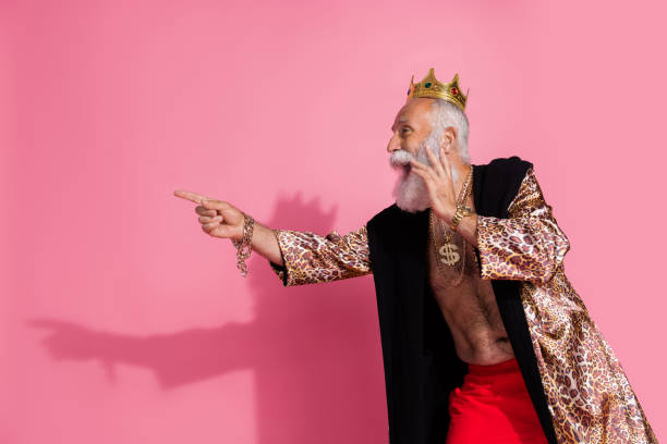 Photo of eccentric aristocrat crown leopard coat direct finger empty space ad isolated on pink color background