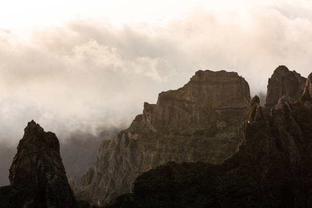 Dramatic sunset in scenic mountains in Madeira Island, Portugal.