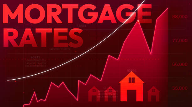 istock Mortgage rates going up concept design with red graph background. Increasing mortgage prices backdrop with home and shapes 2190684560