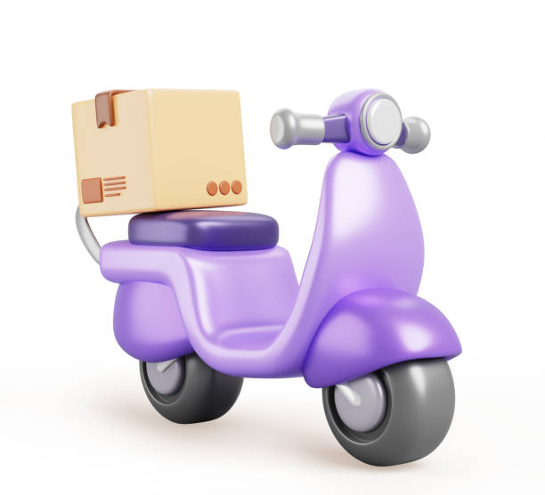 istock Delivery service 3d scooter with cardboard box cartoon render icon. Motorbike with parcel package, express shipping order. Moped deliver fast food from restaurant or online shopping 2190684893