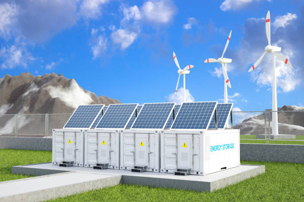 istock Energy storage systems or battery container units with solar panels and wind turbines 2190686612