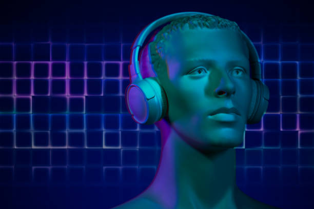 istock Futuristic Mannequin with Headphones and Neon Grid 2190688017