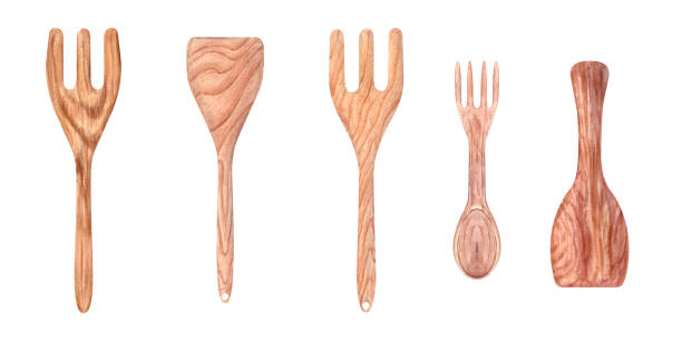istock Wooden eco friendly cooking fork and spatula set watercolor illustration isolated on white. Natural kitchen utensils perfect for mixing, stirring, eating and serving. Template for menu, recipe design 2190698441