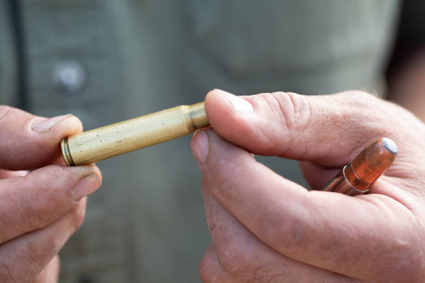 istock Hands holding hunting rifle cartridges 2190703709