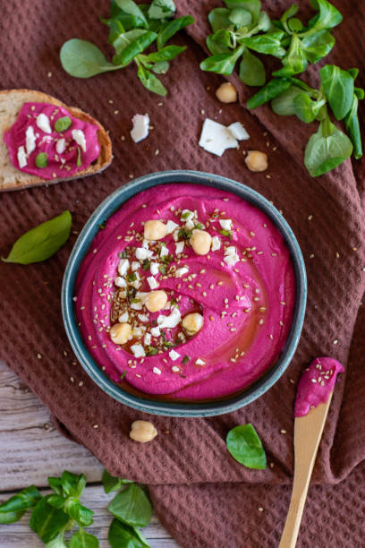 istock pink beet hummus. homemade recipe 2190705273