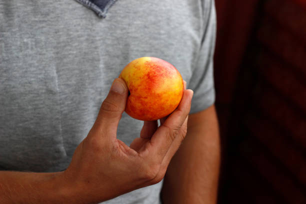 istock peach in hand, man holding peach in hand 2190705935