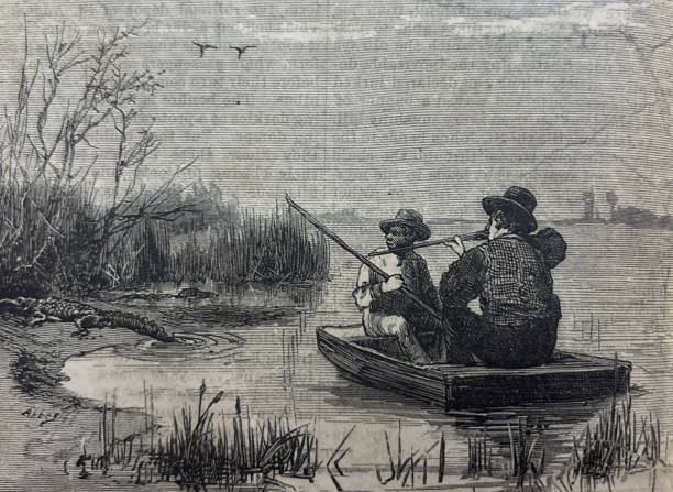Antique illustration pre 1900 -  men in a boat on the St. Johns river in Florida shooting alligators