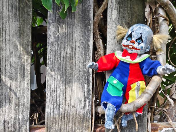 A female dressed as a scary clown looking directly at the camera.