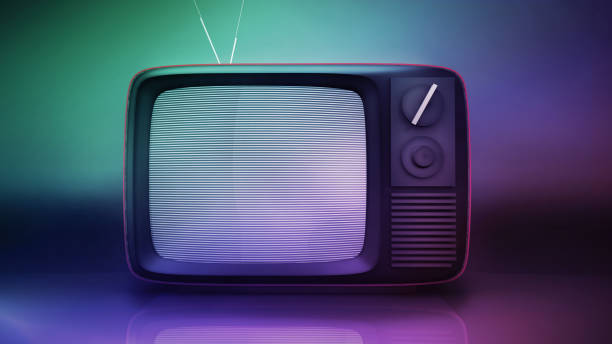 istock Old-fashioned television on colorful background. Front view 3D render, with a retro tv set with vibrant, neon lights. 2190713091