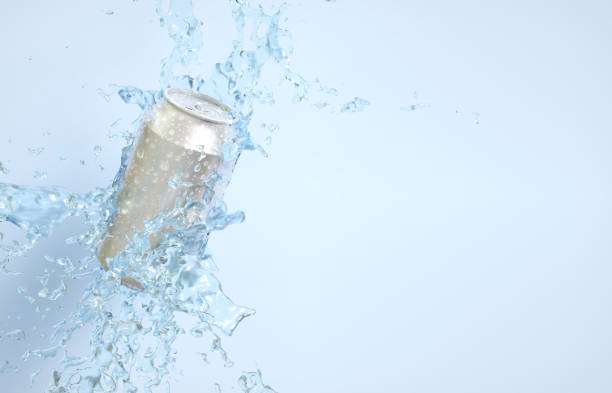 istock Soda can with water splash on blue background 2190716948