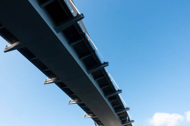 istock Modern steel bridge from below against blue sky for infrastructure concept 2190718241