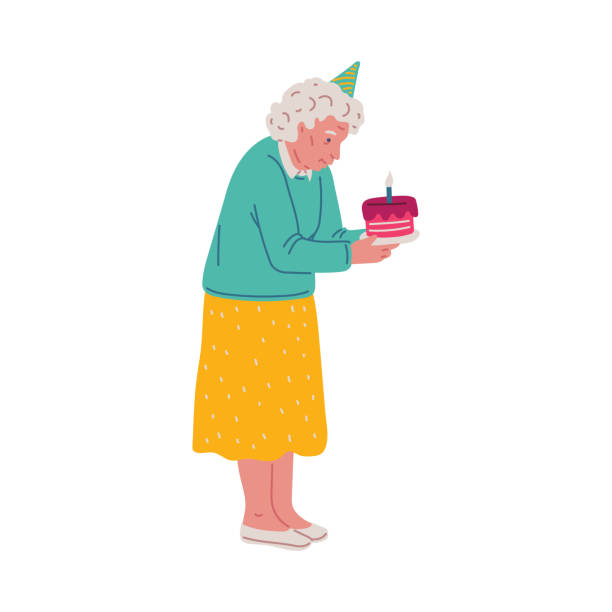 vektorillustration eine ältere frau in einem festlichen hut, die einen kuchen mit einer kerze hält - opa geburtstag stock-grafiken, -clipart, -cartoons und -symbole