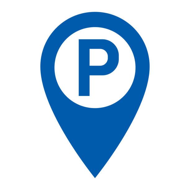 stockillustraties, clipart, cartoons en iconen met map pointer with car parking sign vector icon. parking lot map pin symbol for location, car park navigation, and urban design. flat illustration isolated on white background. - parkeren
