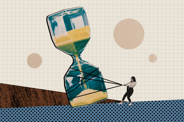 istock Creative collage picture illustration miniature young woman pulls giant hourglass rope hard work deadline stressful job unusual banner 2190733058