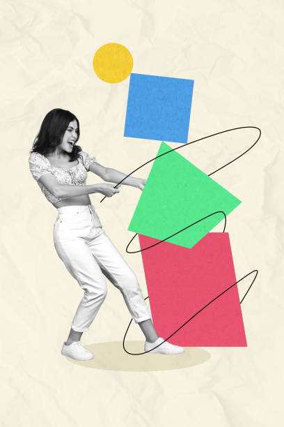 istock Vertical photo collage of young girl grab rope try to pull geometric figures study effort challenge logic on paper background 2190733200
