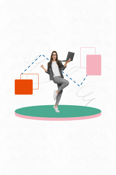 istock Vertical creative collage image excited funny cheerful young lady success trade freelance work hold laptop colorful template 2190733664