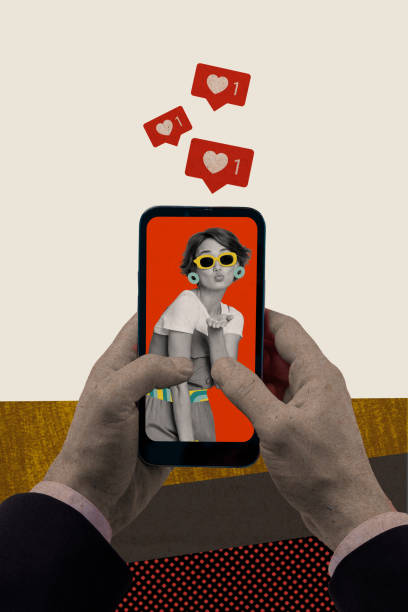 istock Vertical collage creative poster hand hold smartphone screen Instagram post charm lovely lady blogger follower positive reaction like 2190733833
