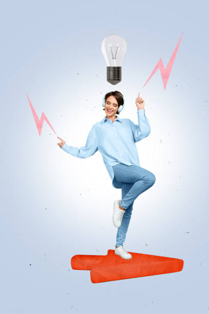 istock Vertical collage image of mini cheerful girl dancing big arrow pointer cursor listen music earphones energy light bulb isolated on blue background 2190733856