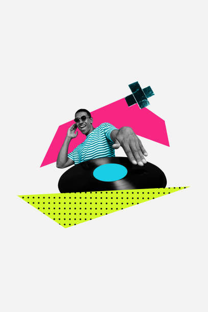 istock Vertical collage image of overjoyed black white effect guy deejay playing music vinyl record isolated on painted background 2190734022