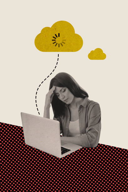istock Vertical collage creative poster upset illness young woman student  hard over work laptop table clouds mind study empty background 2190734107