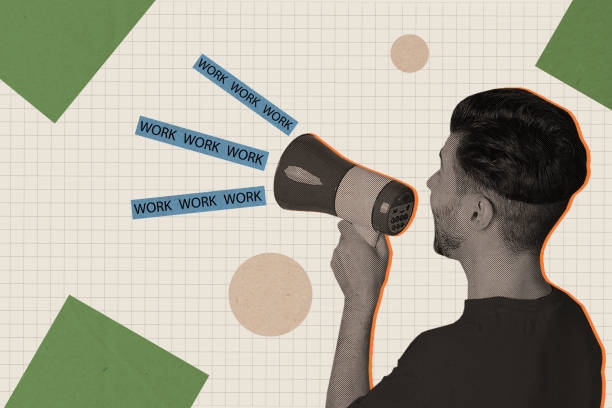 istock Horizontal creative pinup photo collage of young guy hold loudspeaker microphone looking for employees job work hiring search 2190734641