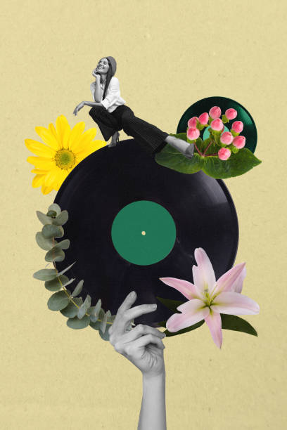 istock Vertical creative collage picture chill beauty tenderness lady pose miniature big hand hold vinyl plate flowers spring summer bloom 2190734922