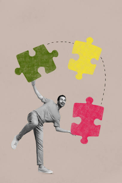 istock Vertical collage creative poster monochrome effect excited crazy funny young man juggle hold piece puzzle trick empty background 2190735794