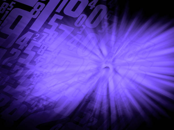 large and small numbers and beam of light on gradient purple and black background, technology, decor, fashion, business, maths, template, copy space