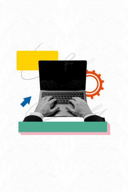 istock Vertical creative photo collage businessman hands browsing laptop keyboard typing management planning career growth success 2190736501