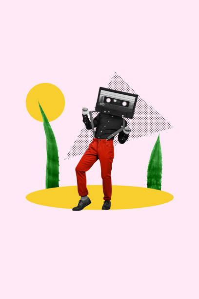 istock Vertical collage picture illustration black white effect man dance retro cassette headless rep trousers funny summer aloe white background 2190736524