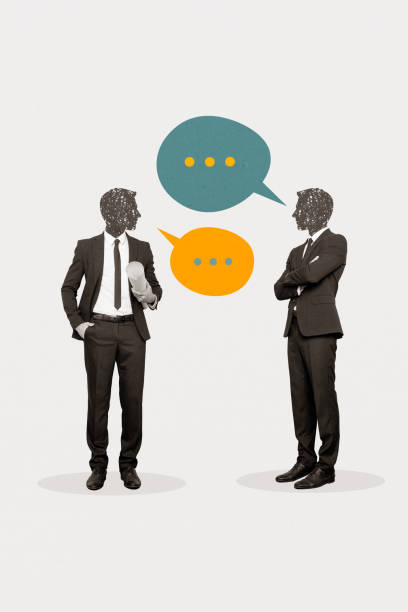 istock Vertical creative photo collage of two faceless businessmen colleagues have conversation discussing work isolated on white background 2190736716