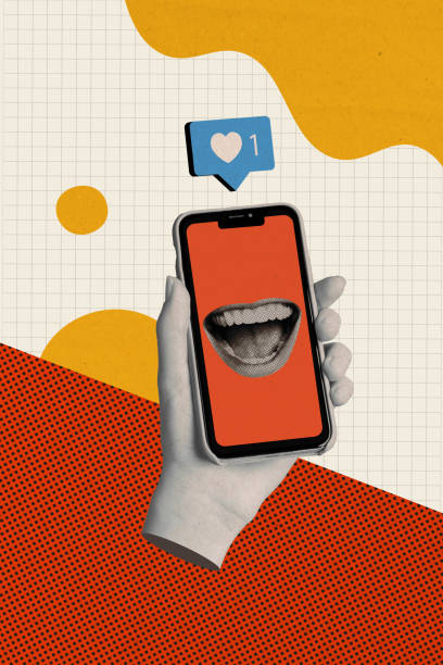istock Vertical creative collage picture abstract hand hold smartphone mouth messenger happy screen heart symbol unusual background 2190736902