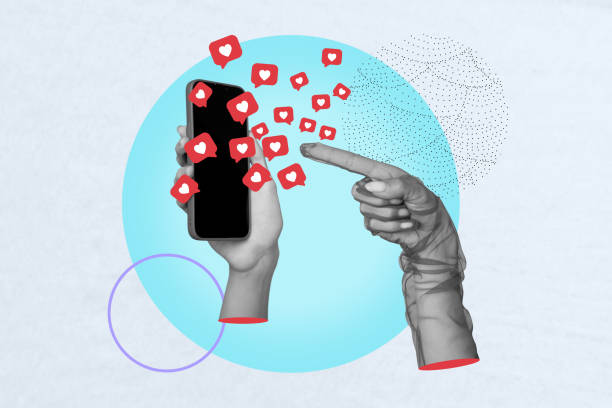 istock Creative collage picture illustration black white effect two hands hold touch mobile like reaction positive exclusive white background 2190737509