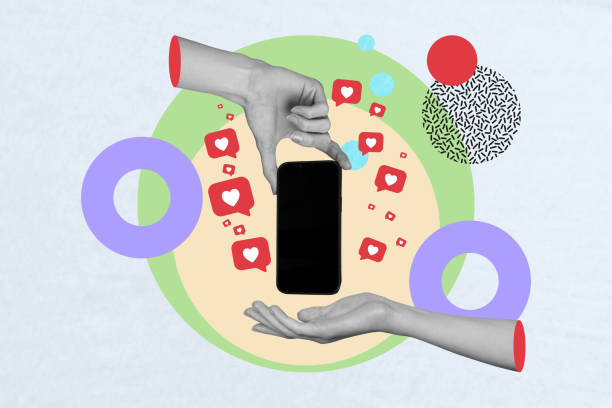 istock Collage creative poster monochrome effect hands hold smartphone social media network app popular follow like exclusive template 2190737523