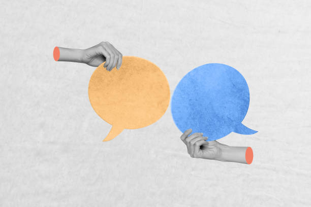 istock Horizontal magazine artwork photo collage of two hands holding message bubbles concept of connection communication on paper background 2190737527
