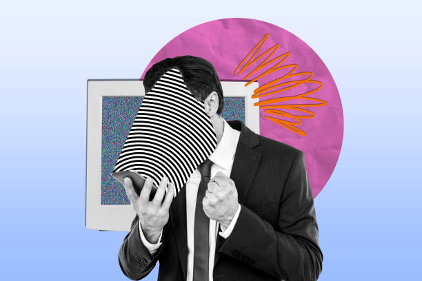 istock Photo collage standing business man worker browsing phone get disinformation propaganda hypnosis mass media control drawing background 2190737572