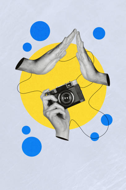 istock Vertical collage creative poster black white filter three human hands clap high five hold camera photographer exclusive colorful template 2190737688