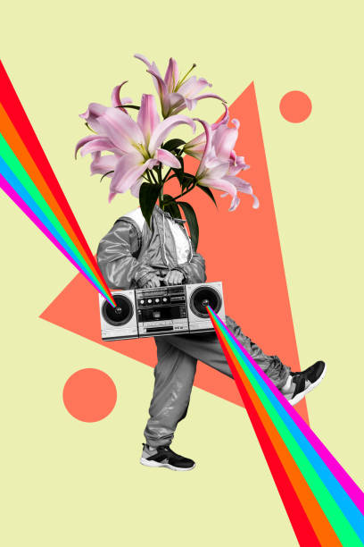 istock Creative collage vertical artwork funky young dancer man music listener hip hop holding boombox cassette player flowers instead head 2190738284