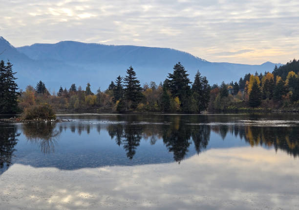 Blue mountains, gray skies with green, brown and yellow trees reflected in blue water