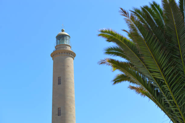 A lighthouse Faro against blue sky with a palm tree at the foreground in Maspalomas, Gran Canaria, Canary Islands, Spain.
