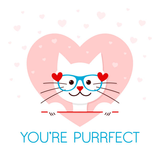 valentine card with a cat and you're purrfect text, white kitty with glasses on, festive t-shirt, sticker, greeting card design, purr-fect vector illustration cute valentine card with a cat and you're purrfect text, white kitty with glasses on, festive t-shirt, sticker, greeting card design, purr-fect vector illustration youre beautiful quotes stock illustrations