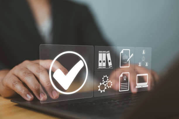 istock Quality management with Quality Assurance or QA and Quality Control or QC and improvement. Standardization, certification concept. Compliance to regulations and standards. Concept with manager. 2190744343