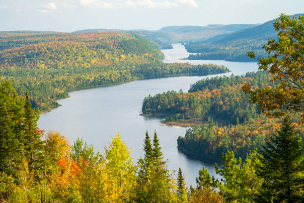 French River with clouds in Ontario, Canada. This river flows from Lake Nipissing to Georgian Bay and it is a key historical 110 km canoe route.