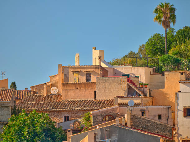 Bright view of traditional houses in a Mallorca village, surrounded by lush vegetation under a clear sky in Spain. This image captures rustic charm and Mediterranean architecture's timeless beauty.