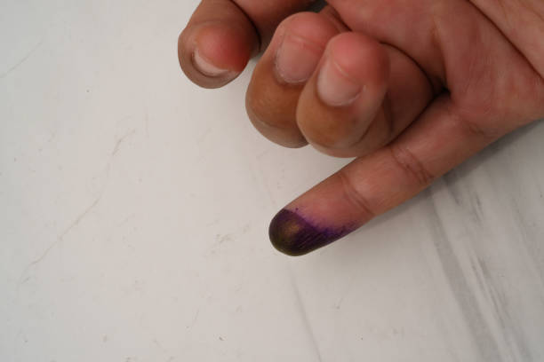 Closeup shot of Little finger with blue ink marks. As proof of having participated in the general election, every citizen is required to dip their finger in ink. Politics and democracy. Isolated on white